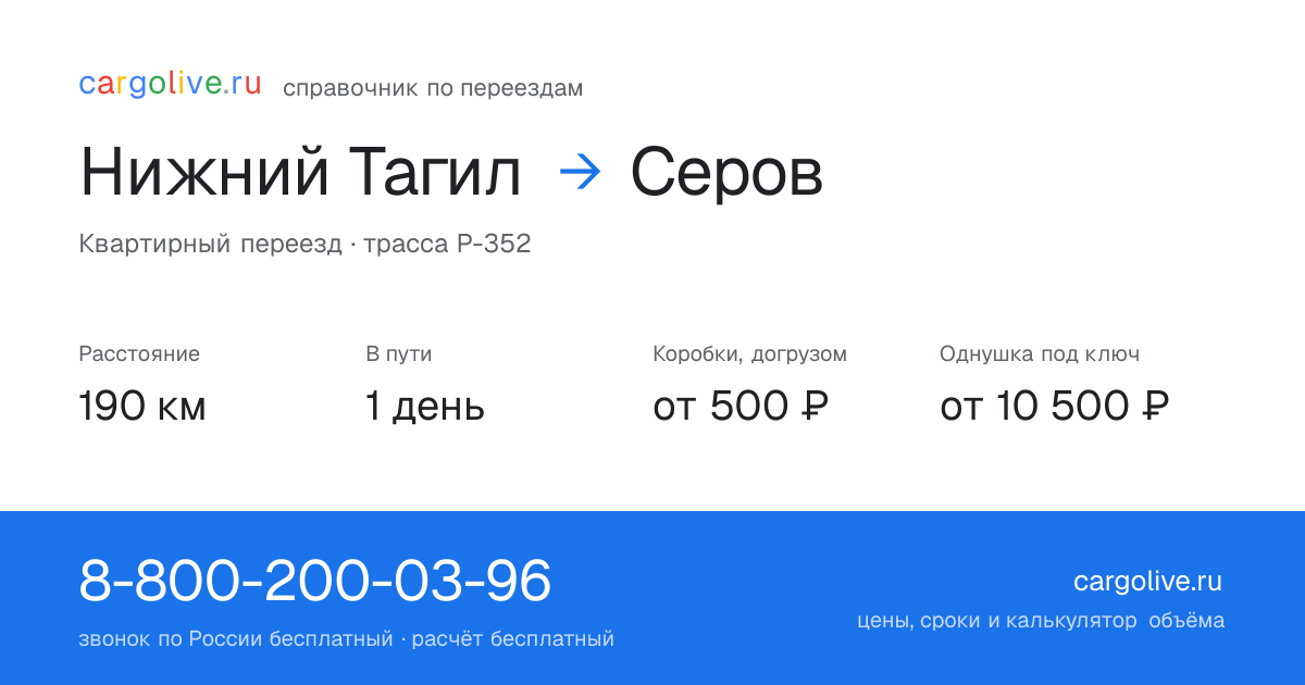 Переезд из Нижнего Тагила в Серов: 190 км, 1 день в пути, от 2 000 ₽