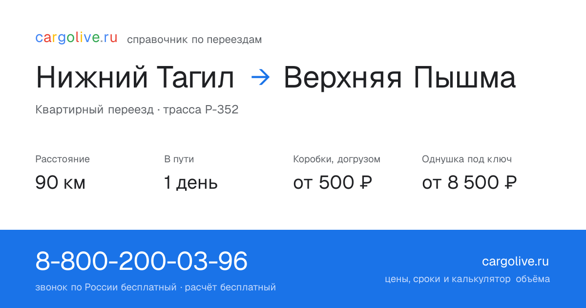 Переезд из Нижнего Тагила в Верхнюю Пышму: 90 км, 1 день в пути, от 2 000 ₽