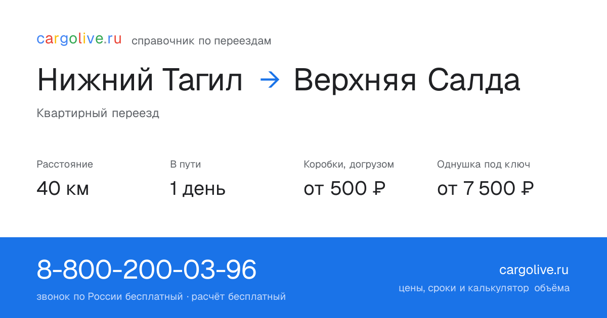 Переезд из Нижнего Тагила в Верхнюю Салду: 40 км, 1 день в пути, от 2 000 ₽