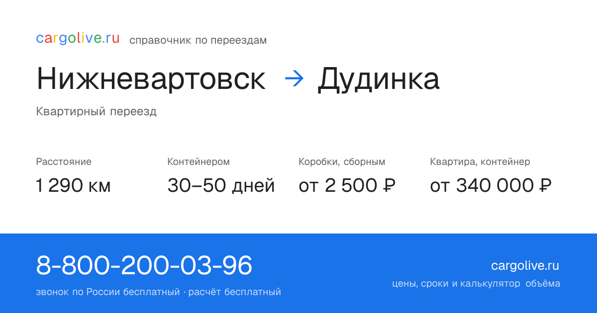 Переезд из Нижневартовска в Дудинку: 1 290 км, контейнером 30–50 дней, от 2 500 ₽