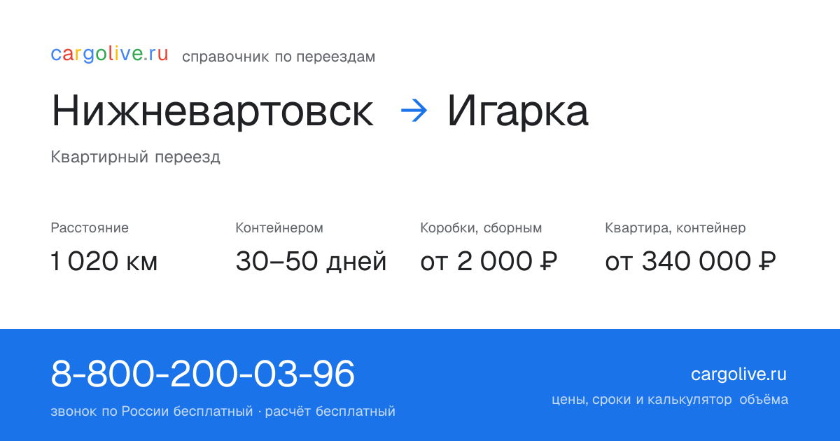 Переезд из Нижневартовска в Игарку: 1 020 км, контейнером 30–50 дней, от 2 000 ₽