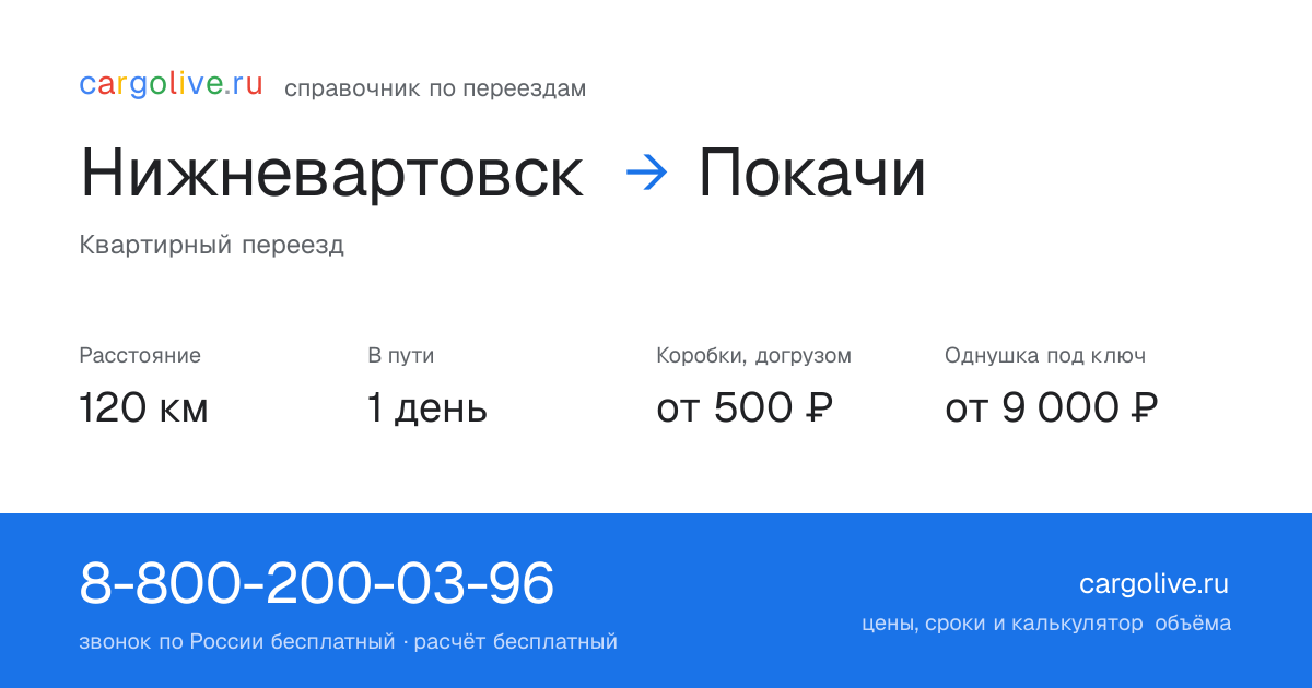Переезд из Нижневартовска в Покачи: 120 км, 1 день в пути, от 2 000 ₽