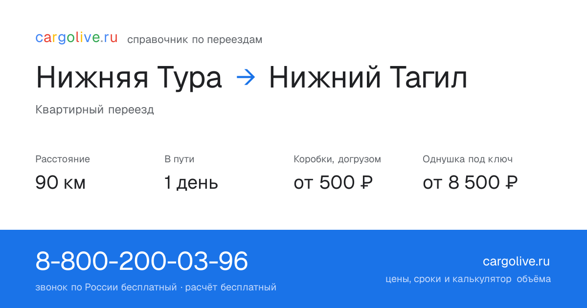 Переезд из Нижней Туры в Нижний Тагил: 90 км, 1 день в пути, от 2 000 ₽