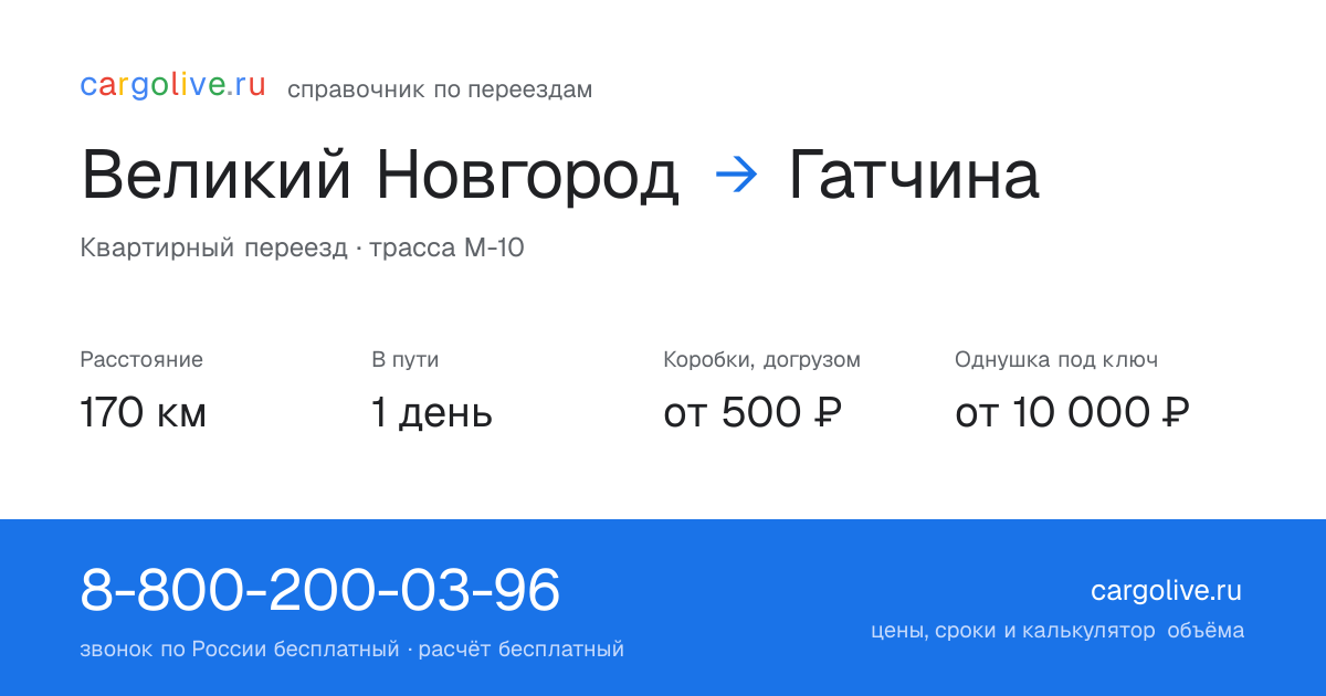 Переезд из Великого Новгорода в Гатчину: 170 км, 1 день в пути, от 2 000 ₽