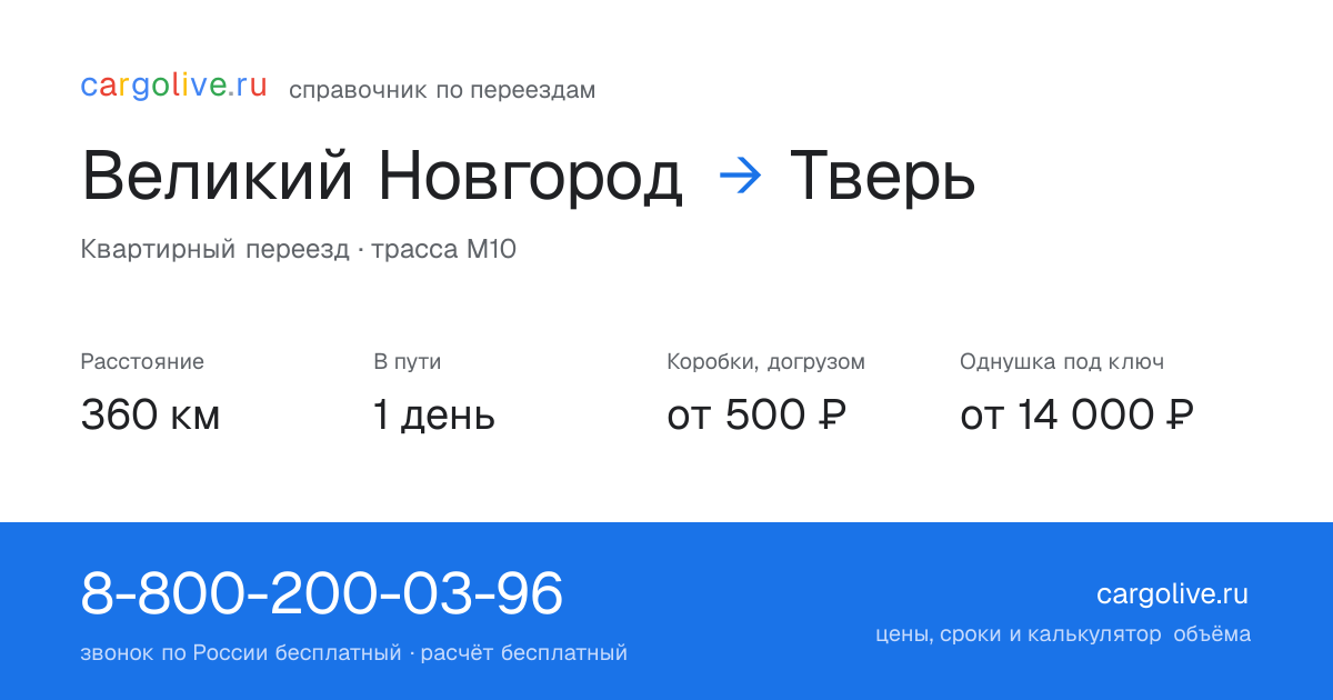 Переезд из Великого Новгорода в Тверь: 360 км, 1 день в пути, от 2 000 ₽