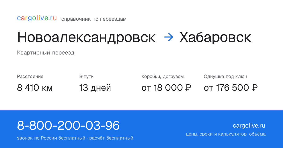 Переезд из Новоалександровска в Хабаровск: 8 410 км, 13 дней в пути, от 18 000 ₽