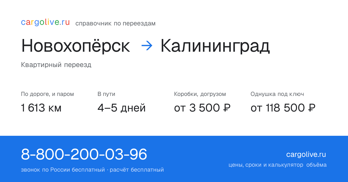 Переезд из Новохопёрска в Калининград: 1 613 км по дороге и паром, 4–5 дней в пути, от 3 500 ₽
