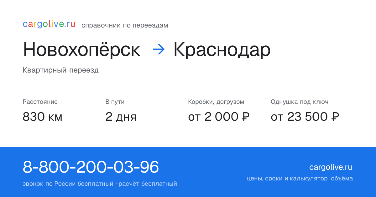 Переезд из Новохопёрска в Краснодар: 830 км, 2 дня в пути, от 2 000 ₽