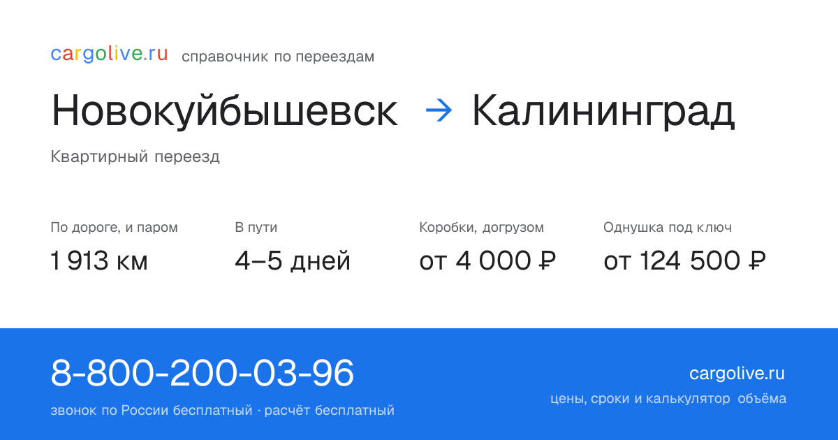 Переезд из Новокуйбышевска в Калининград: 1 913 км по дороге и паром, 4–5 дней в пути, от 4 000 ₽