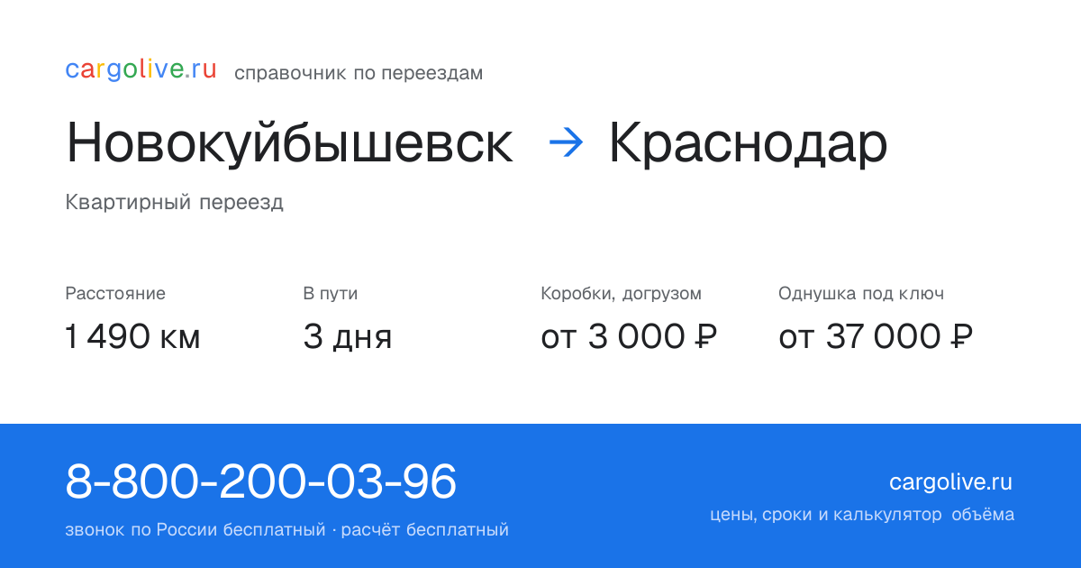 Переезд из Новокуйбышевска в Краснодар: 1 490 км, 3 дня в пути, от 3 000 ₽