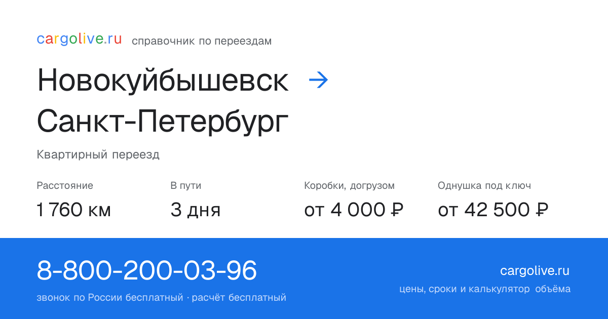 Переезд из Новокуйбышевска в Санкт-Петербург: 1 760 км, 3 дня в пути, от 4 000 ₽