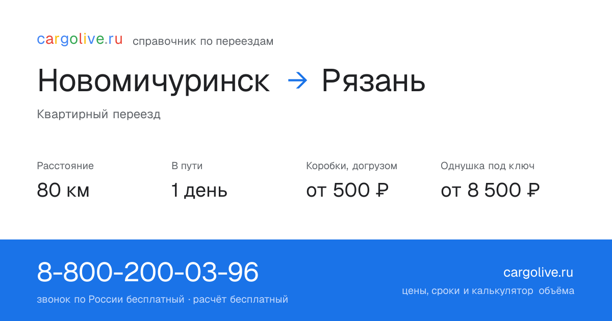 Переезд из Новомичуринска в Рязань: 80 км, 1 день в пути, от 2 000 ₽