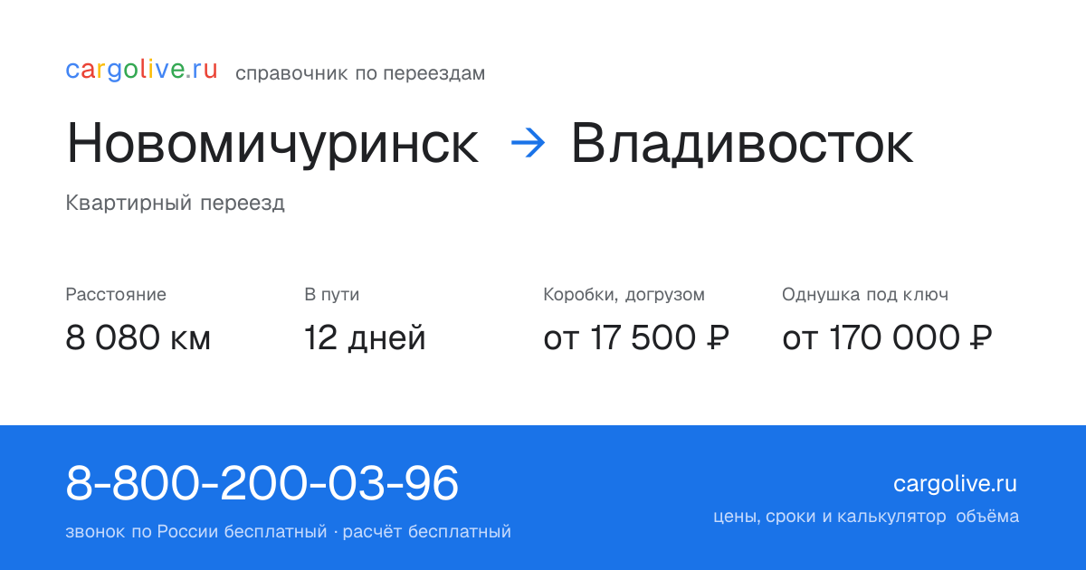 Переезд из Новомичуринска во Владивосток: 8 080 км, 12 дней в пути, от 17 500 ₽