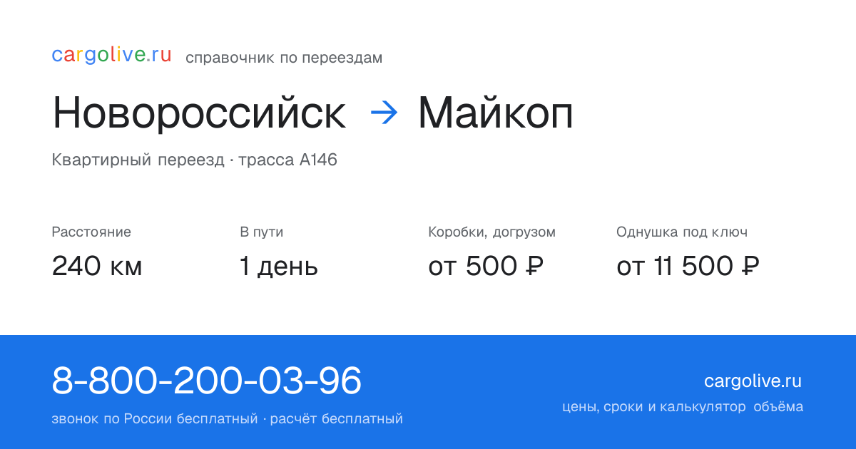 Переезд из Новороссийска в Майкоп: 240 км, 1 день в пути, от 2 000 ₽
