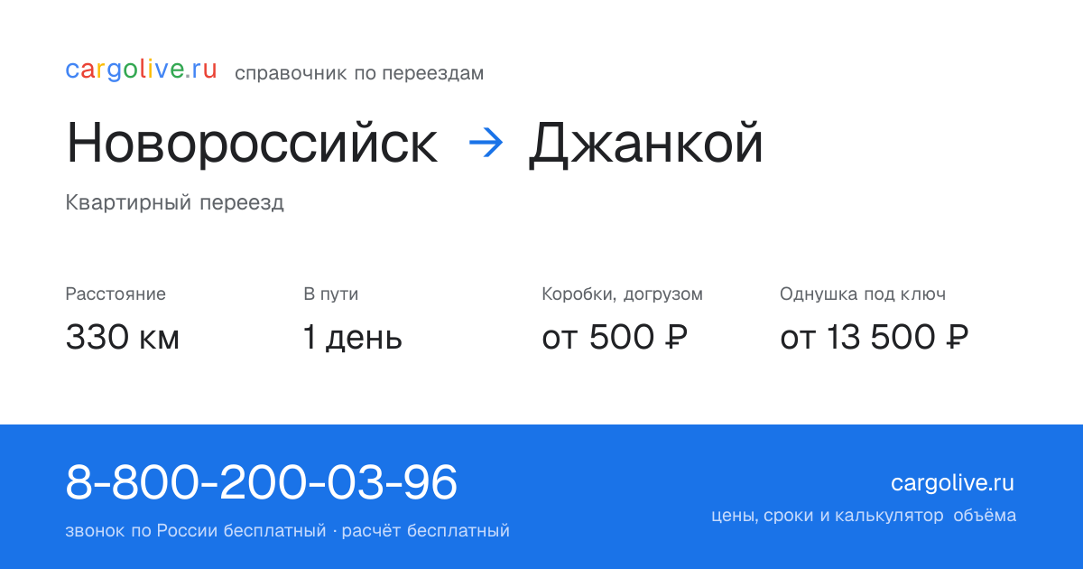 Переезд из Новороссийска в Джанкой: 330 км, 1 день в пути, от 2 000 ₽