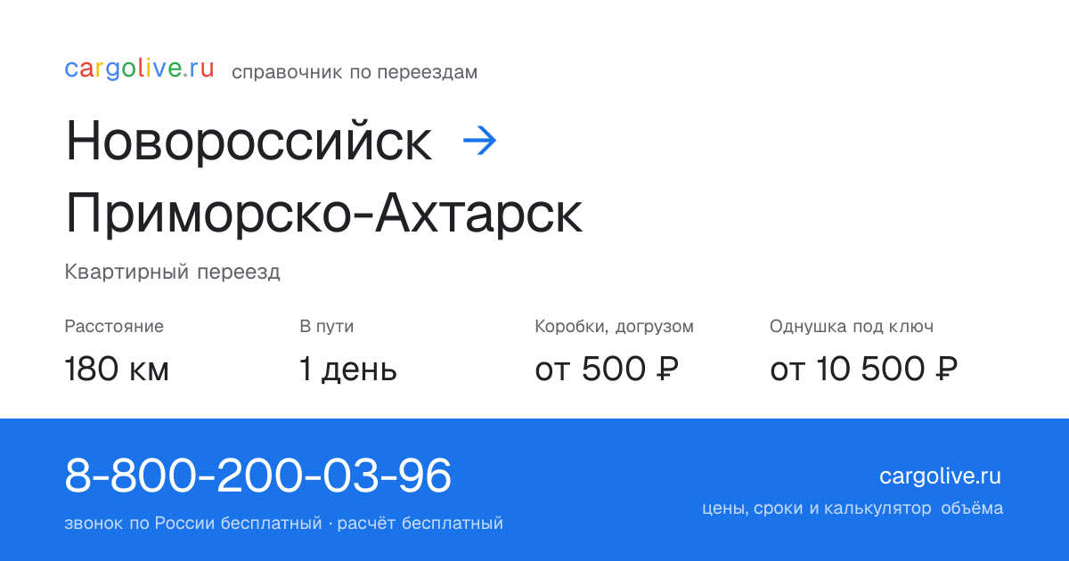 Переезд из Новороссийска в Приморско-Ахтарск: 180 км, 1 день в пути, от 2 000 ₽