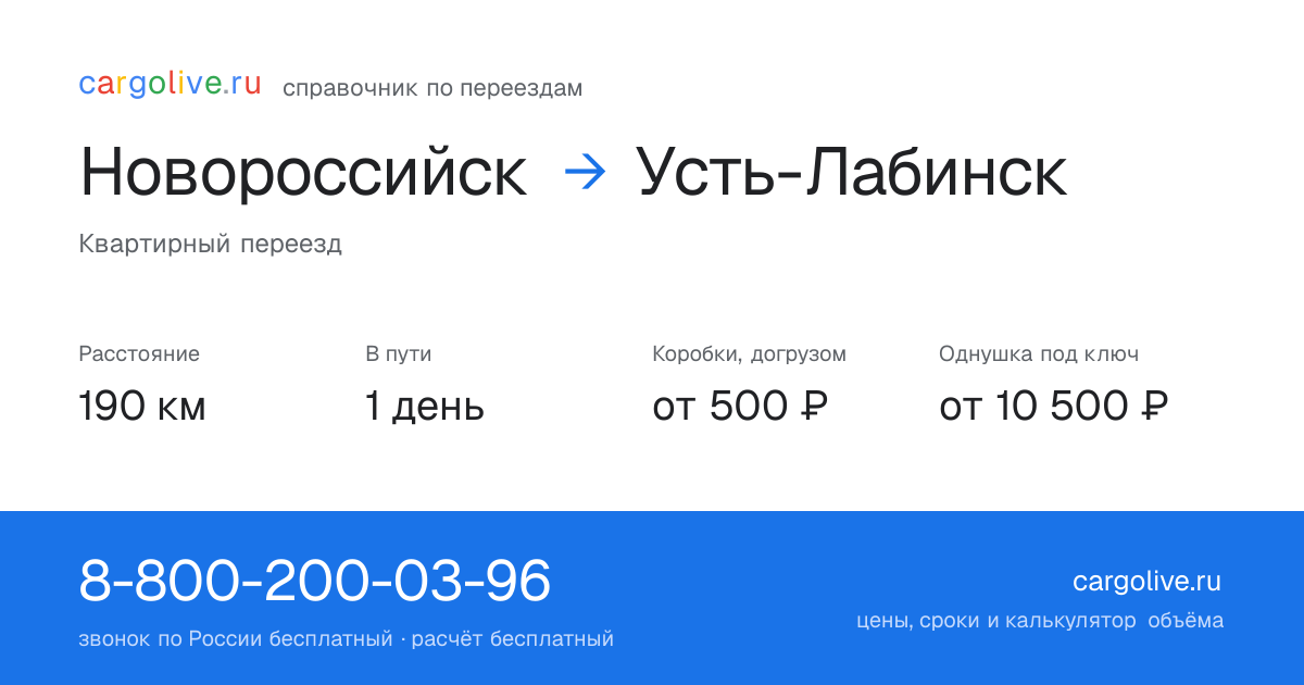 Переезд из Новороссийска в Усть-Лабинск: 190 км, 1 день в пути, от 2 000 ₽