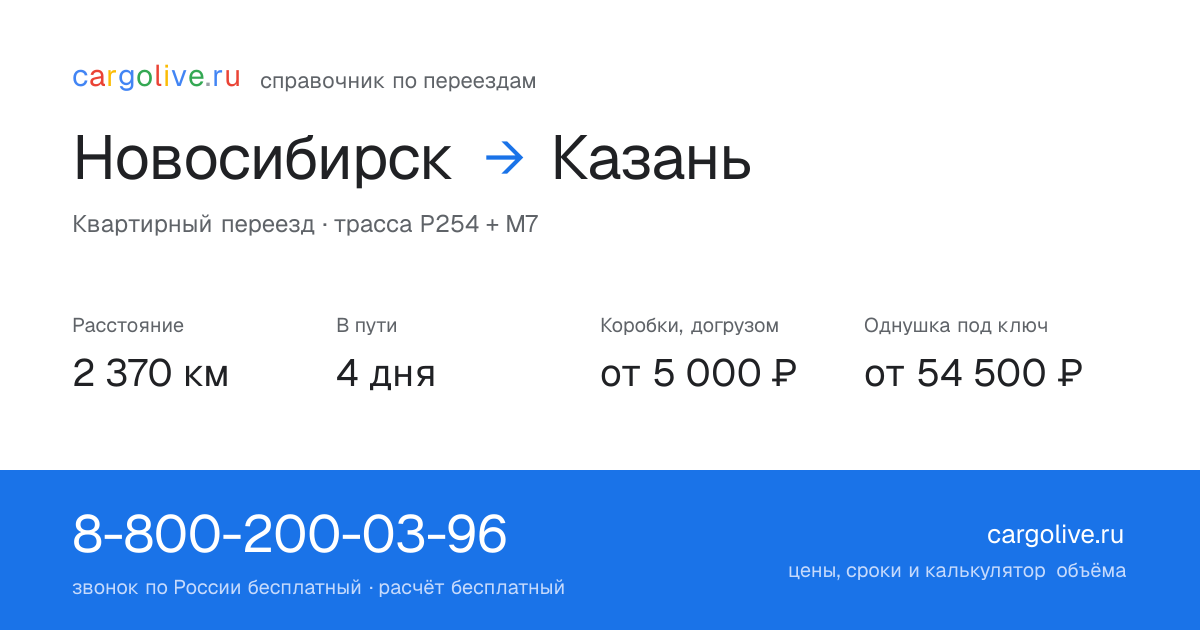 Переезд из Новосибирска в Казань: 2 370 км, 4 дня в пути, от 5 000 ₽