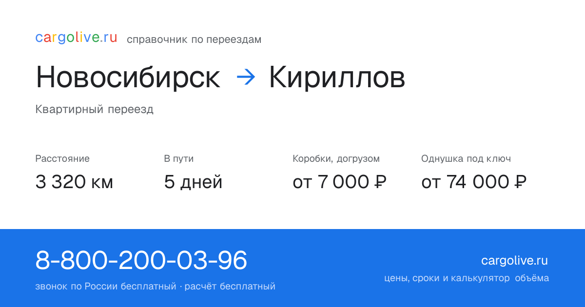 Переезд из Новосибирска в Кириллов: 3 320 км, 5 дней в пути, от 7 000 ₽