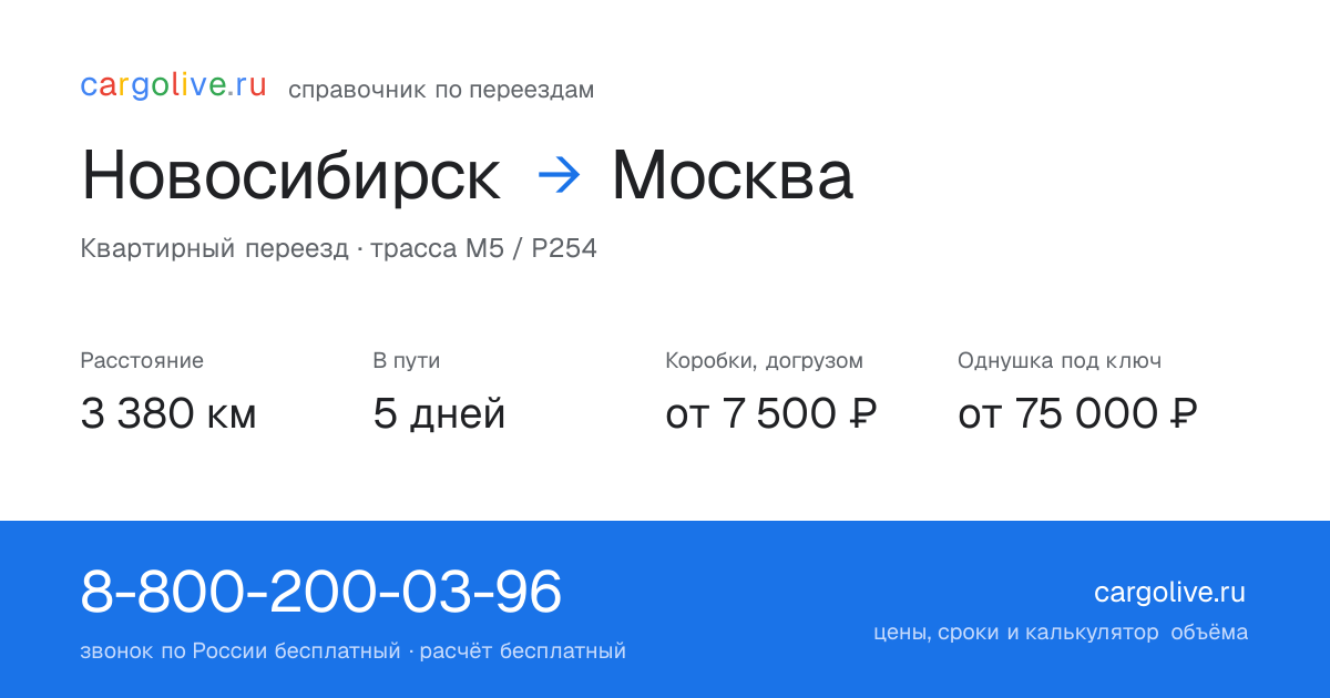 Переезд из Новосибирска в Москву: 3 380 км, 5 дней в пути, от 7 500 ₽