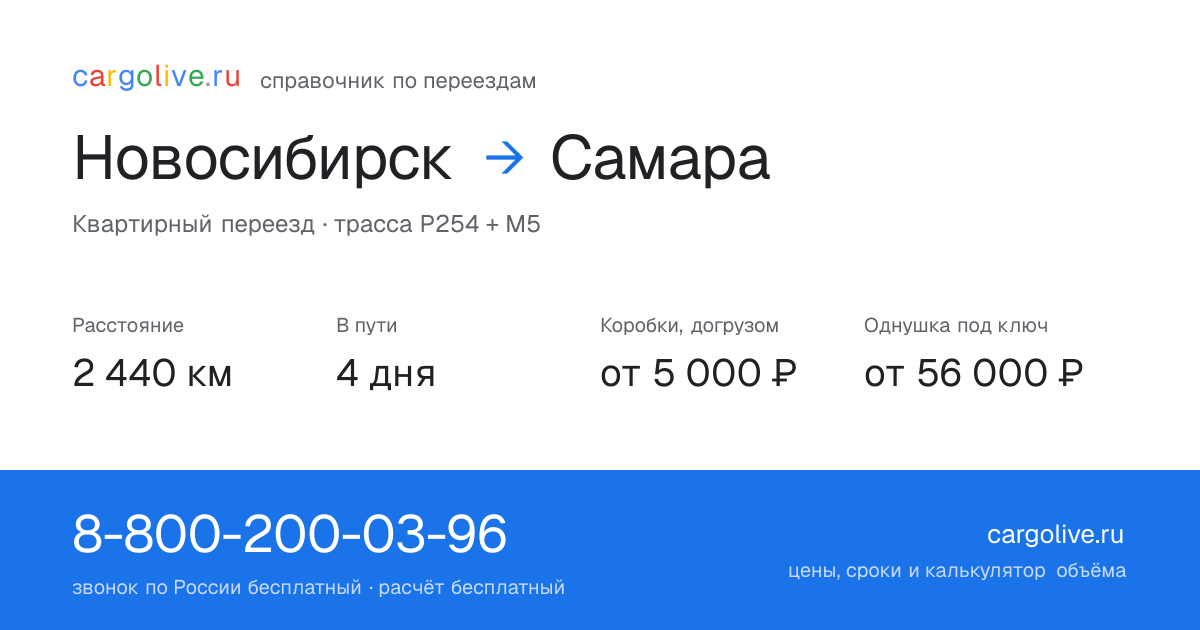 Переезд из Новосибирска в Самару: 2 440 км, 4 дня в пути, от 5 000 ₽