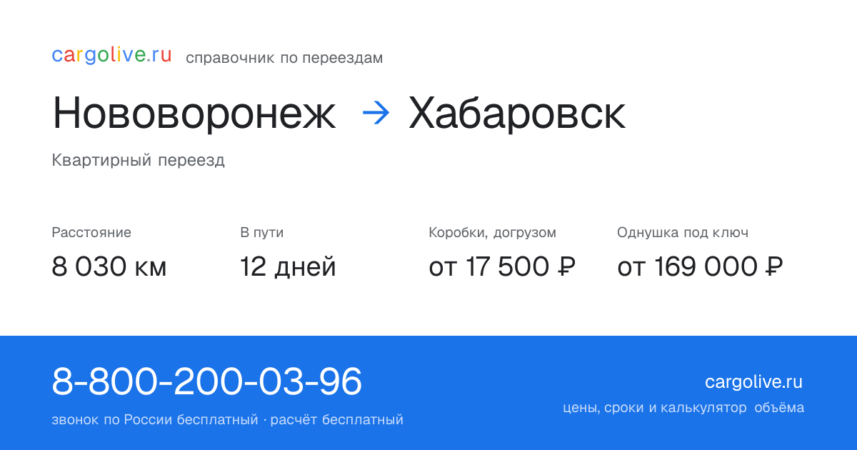 Переезд из Нововоронежа в Хабаровск: 8 030 км, 12 дней в пути, от 17 500 ₽