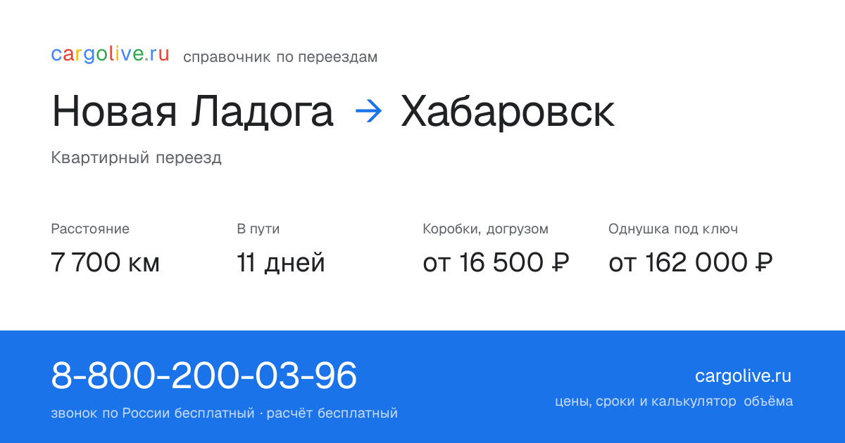 Переезд из Новой Ладоги в Хабаровск: 7 700 км, 11 дней в пути, от 16 500 ₽