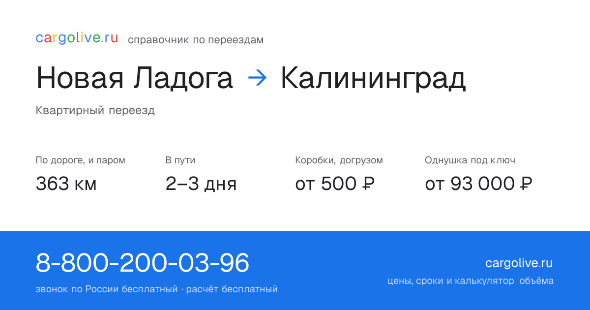 Переезд из Новой Ладоги в Калининград: 363 км по дороге и паром, 2–3 дня в пути, от 2 000 ₽