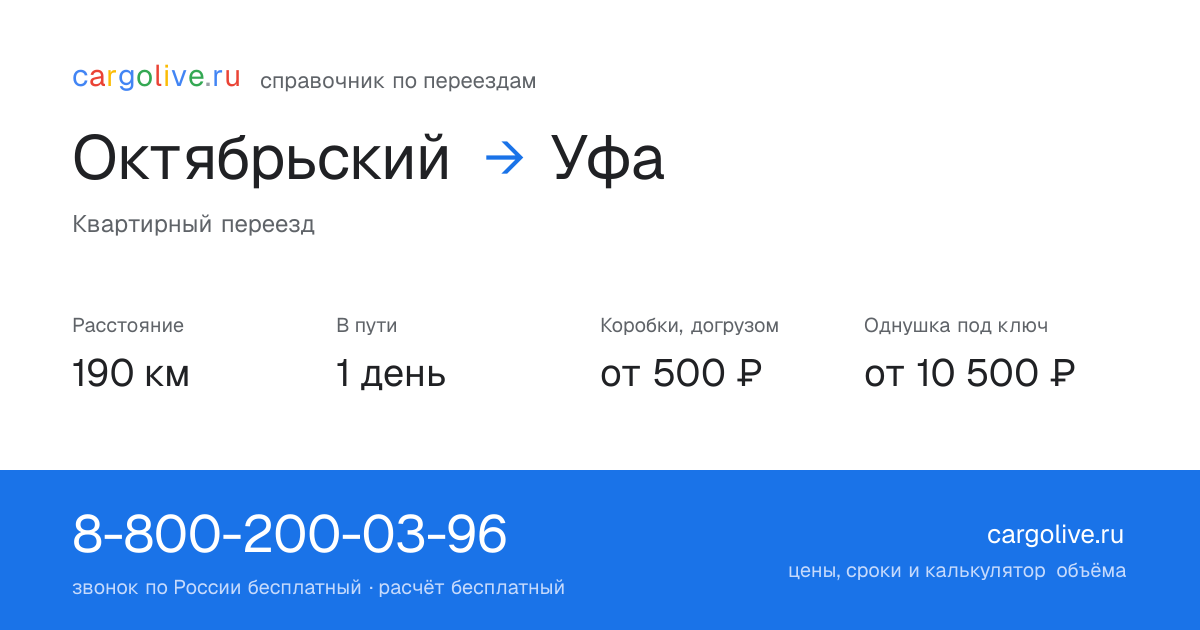 Переезд из Октябрьского в Уфу: 190 км, 1 день в пути, от 2 000 ₽
