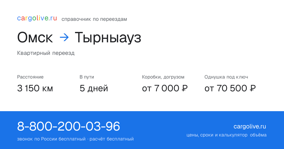 Переезд из Омска в Тырныауз: 3 150 км, 5 дней в пути, от 7 000 ₽