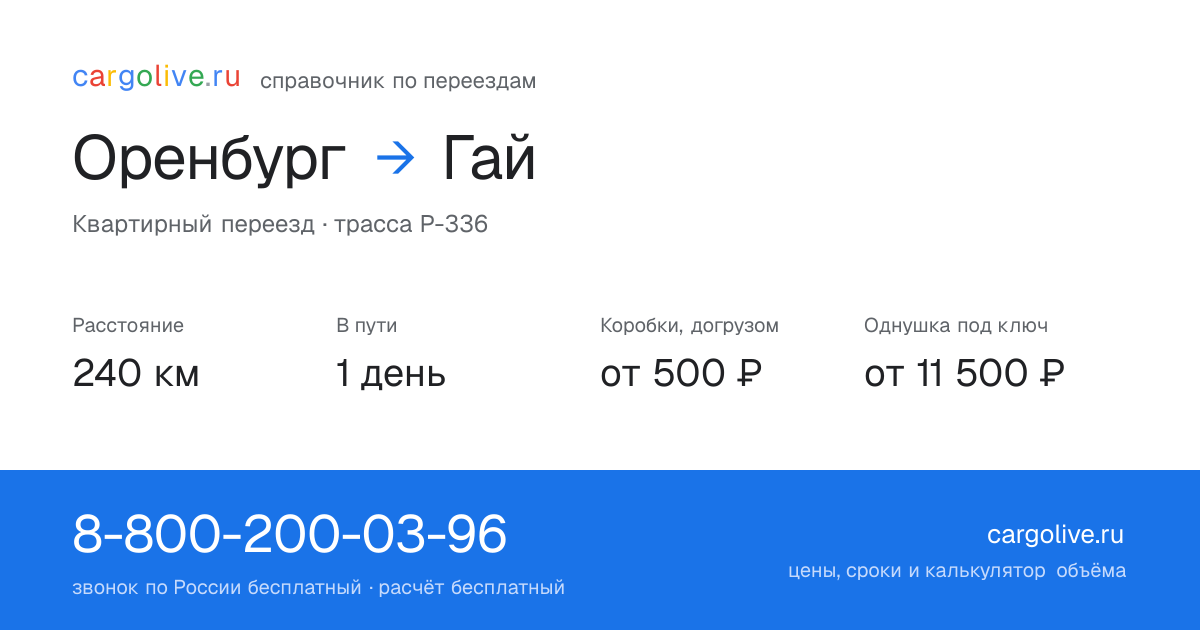 Переезд из Оренбурга в Гай: 240 км, 1 день в пути, от 2 000 ₽