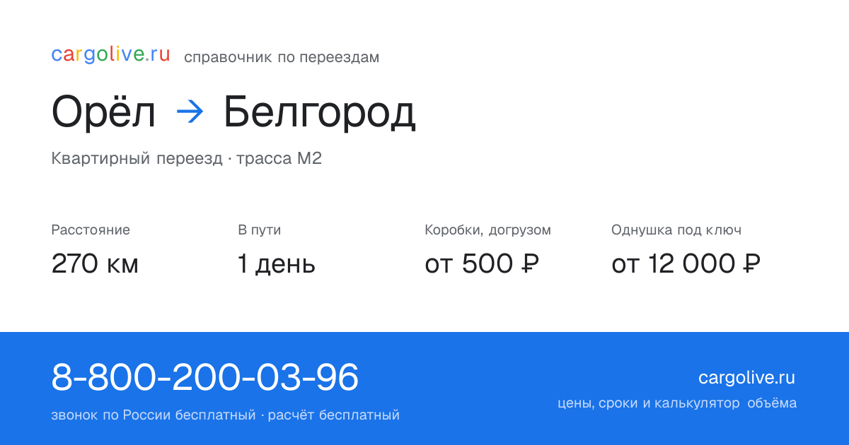 Переезд из Орла в Белгород: 270 км, 1 день в пути, от 2 000 ₽