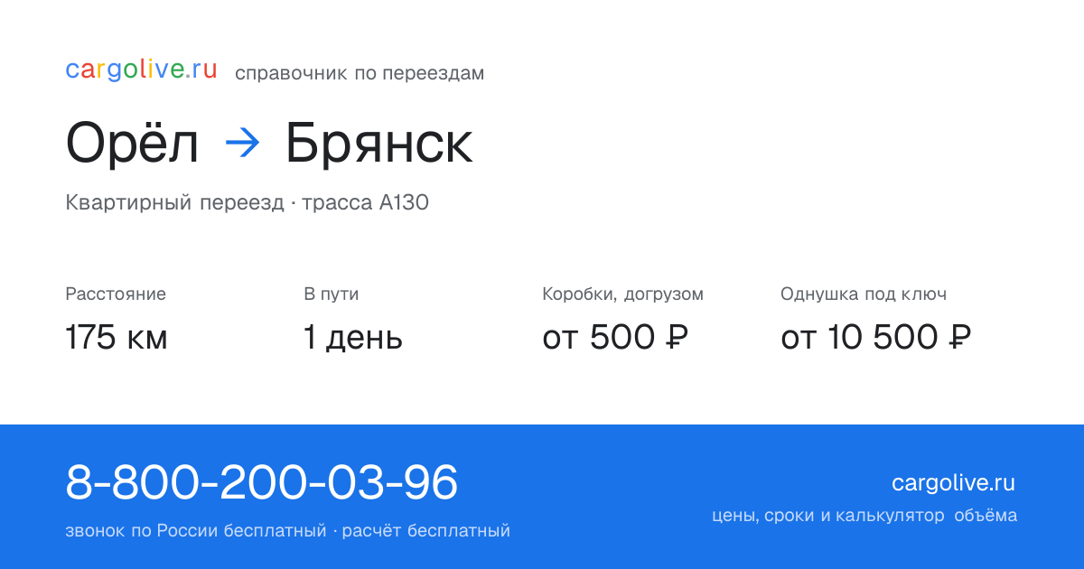 Переезд из Орла в Брянск: 175 км, 1 день в пути, от 2 000 ₽