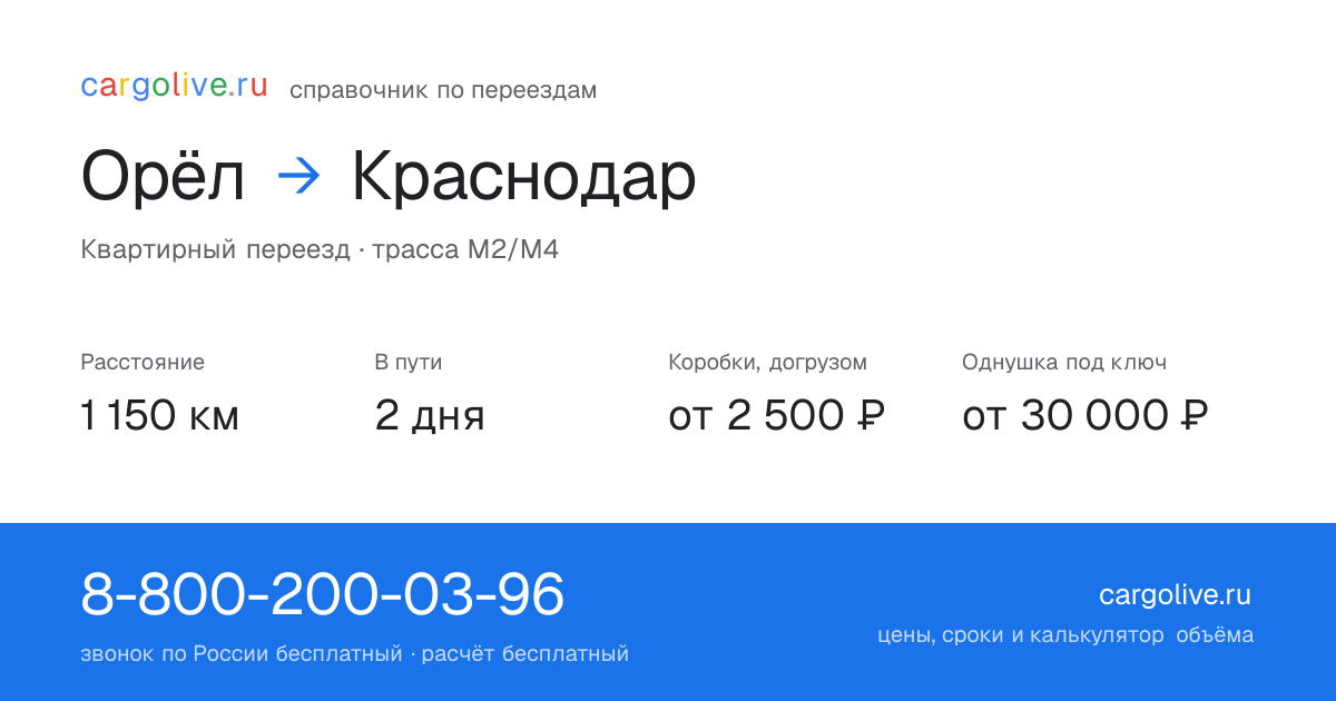 Переезд из Орла в Краснодар: 1 150 км, 2 дня в пути, от 2 500 ₽
