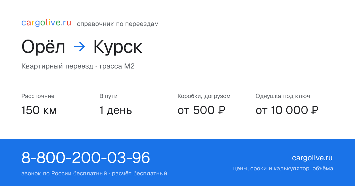 Переезд из Орла в Курск: 150 км, 1 день в пути, от 2 000 ₽