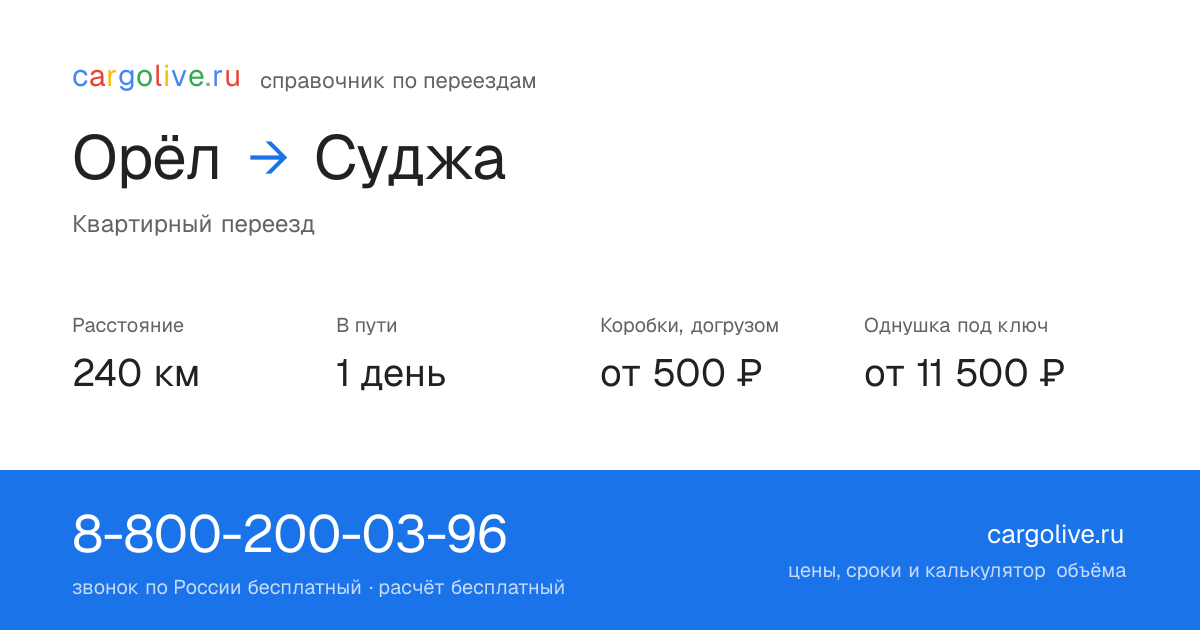 Переезд из Орла в Суджу: 240 км, 1 день в пути, от 2 000 ₽