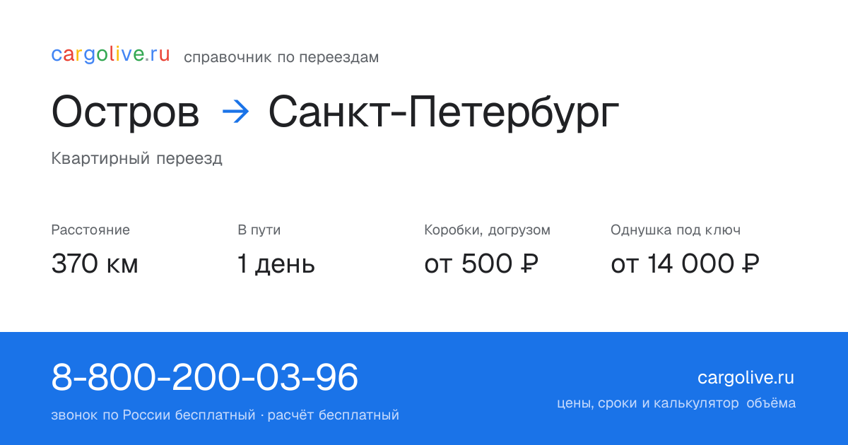 Переезд из Острова в Санкт-Петербург: 370 км, 1 день в пути, от 2 000 ₽