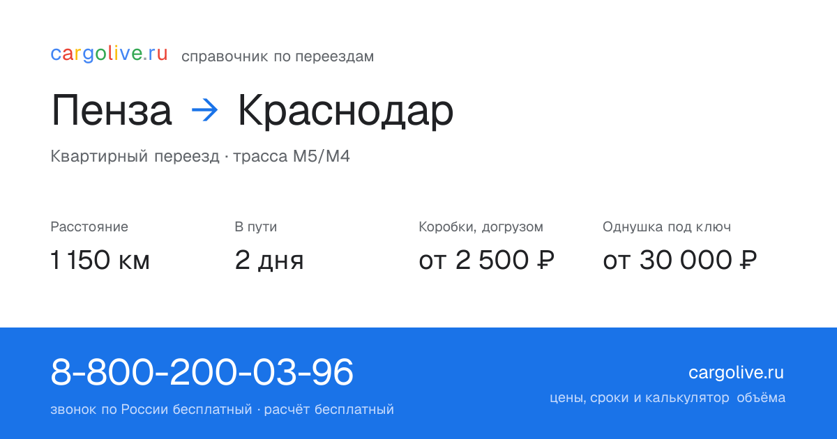 Переезд из Пензы в Краснодар: 1 150 км, 2 дня в пути, от 2 500 ₽