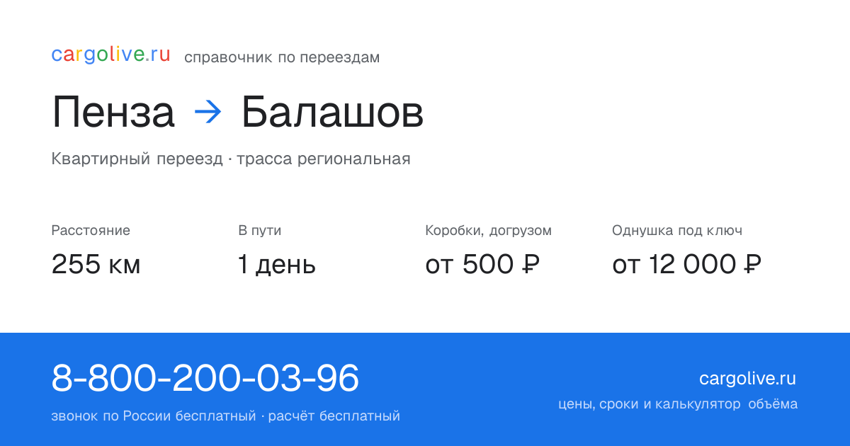Переезд из Пензы в Балашов: 255 км, 1 день в пути, от 2 000 ₽