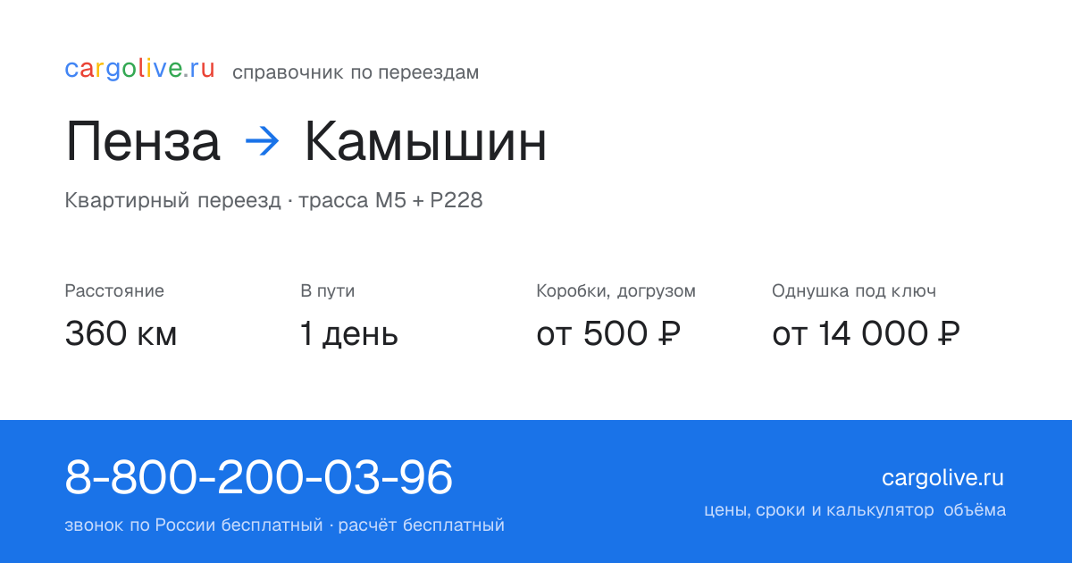 Переезд из Пензы в Камышин: 360 км, 1 день в пути, от 2 000 ₽