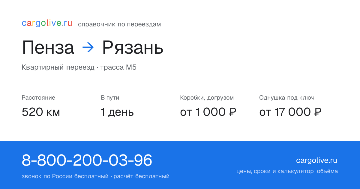 Переезд из Пензы в Рязань: 520 км, 1 день в пути, от 2 000 ₽