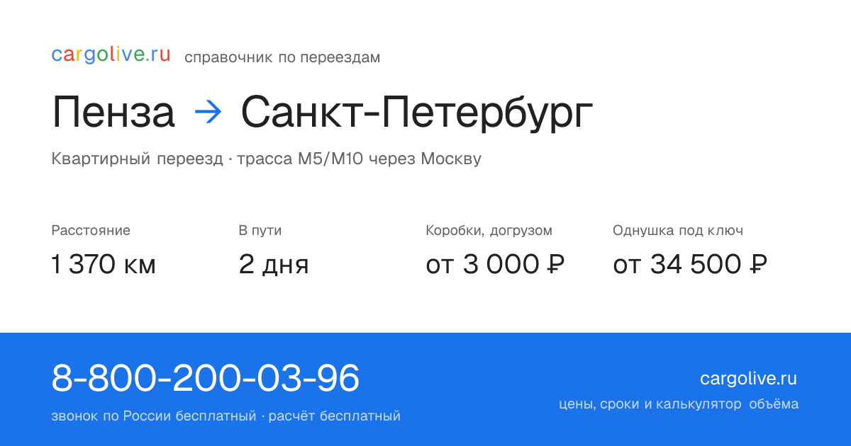 Переезд из Пензы в Санкт-Петербург: 1 370 км, 2 дня в пути, от 3 000 ₽