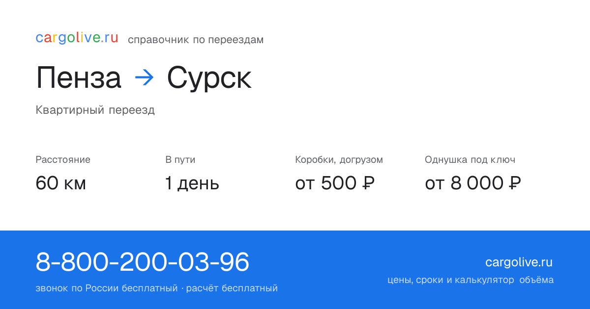 Переезд из Пензы в Сурск: 60 км, 1 день в пути, от 2 000 ₽
