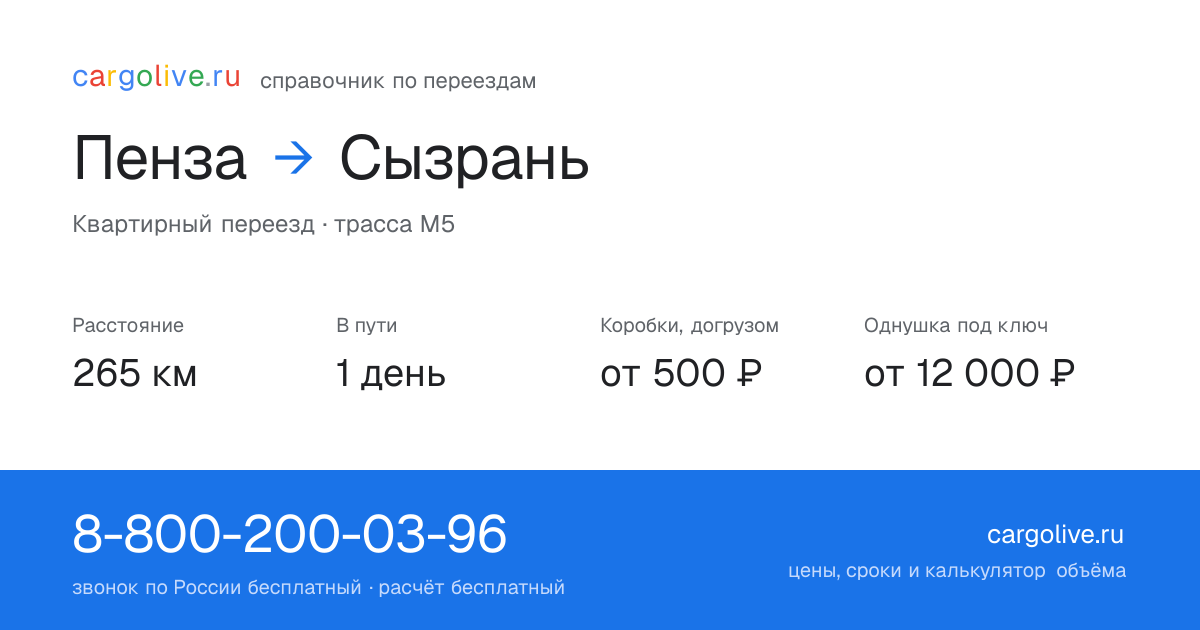 Переезд из Пензы в Сызрань: 265 км, 1 день в пути, от 2 000 ₽