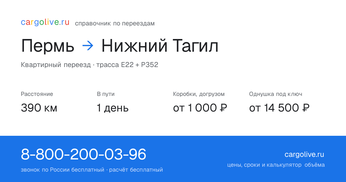 Переезд из Перми в Нижний Тагил: 390 км, 1 день в пути, от 2 000 ₽