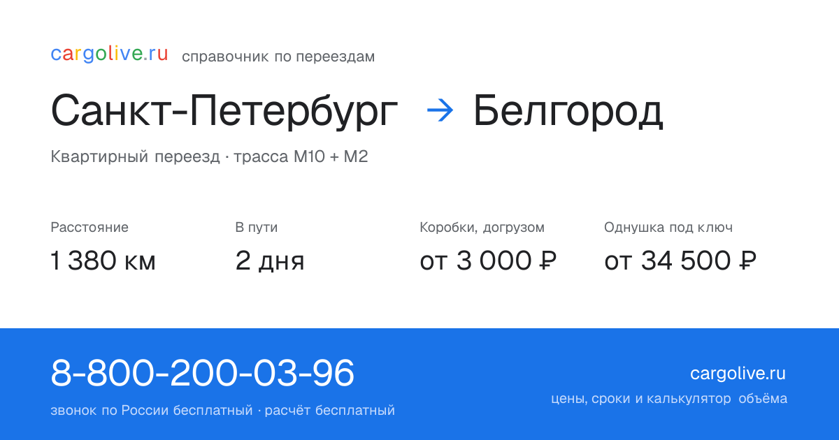 Переезд из Санкт-Петербурга в Белгород: 1 380 км, 2 дня в пути, от 3 000 ₽