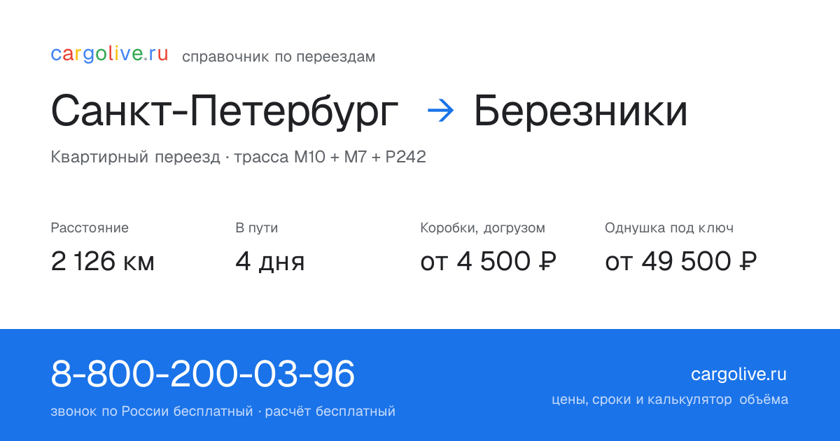 Переезд из Санкт-Петербурга в Березники: 2 126 км, 4 дня в пути, от 4 500 ₽