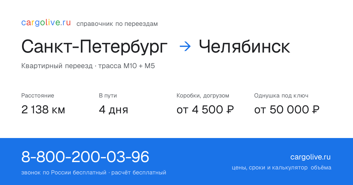 Переезд из Санкт-Петербурга в Челябинск: 2 138 км, 4 дня в пути, от 4 500 ₽
