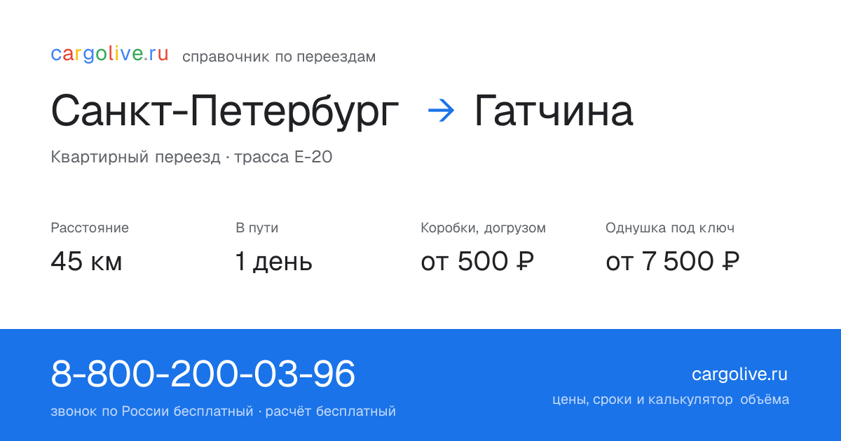 Переезд из Санкт-Петербурга в Гатчину: 45 км, 1 день в пути, от 2 000 ₽