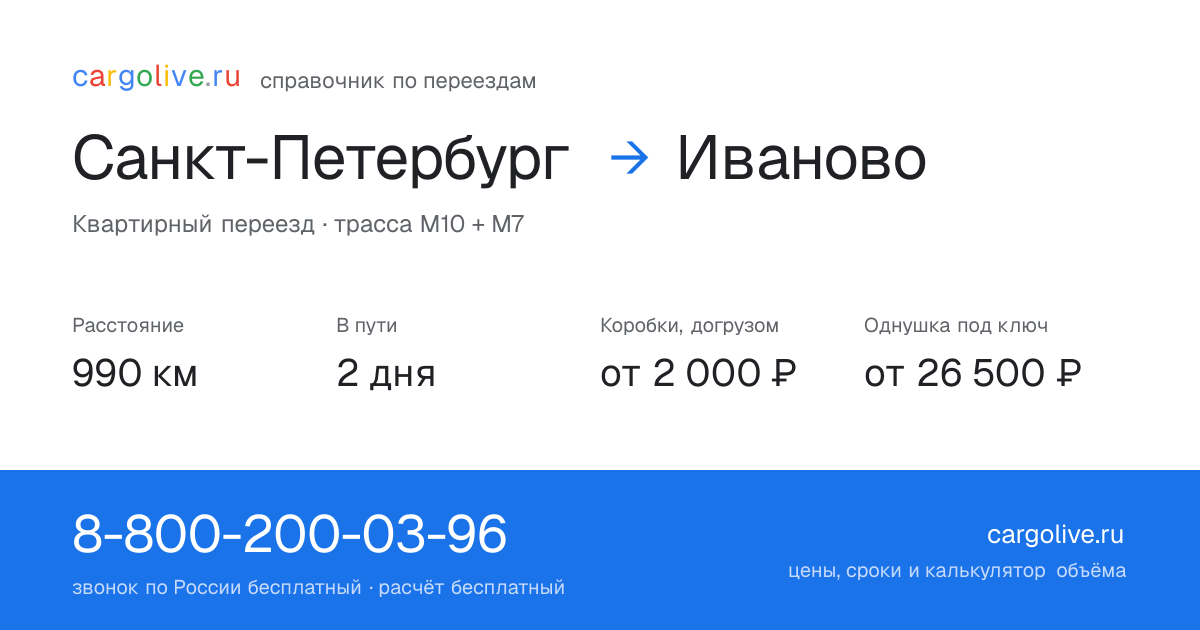 Переезд из Санкт-Петербурга в Иваново: 990 км, 2 дня в пути, от 2 000 ₽